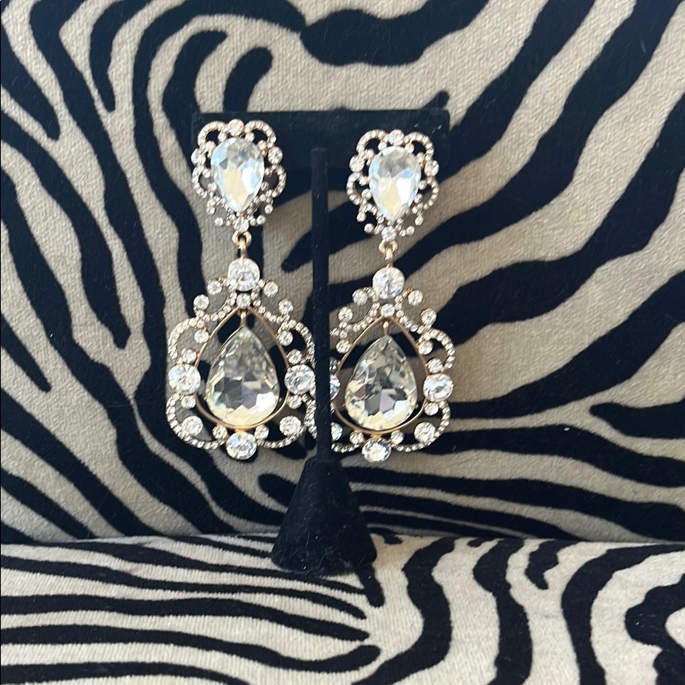 Ornate Silver Teardrop Clip-OnEarrings with Gemstones